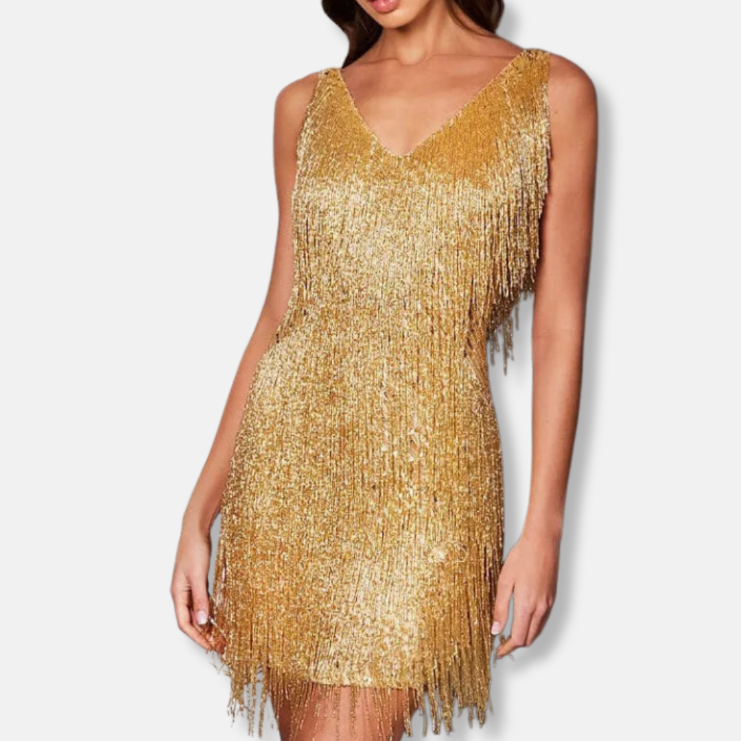 Isla Sequined Straight Fit Mini Dress | Feather Trim Fringe Mini Dress