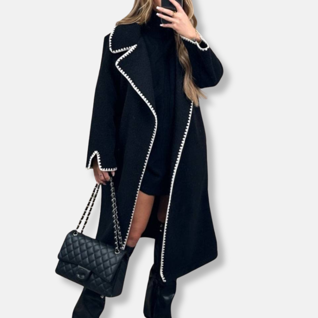 Women’s Long Coat – Oversized Fit – Wool Blend – Notched Lapels – Scalloped Trim
