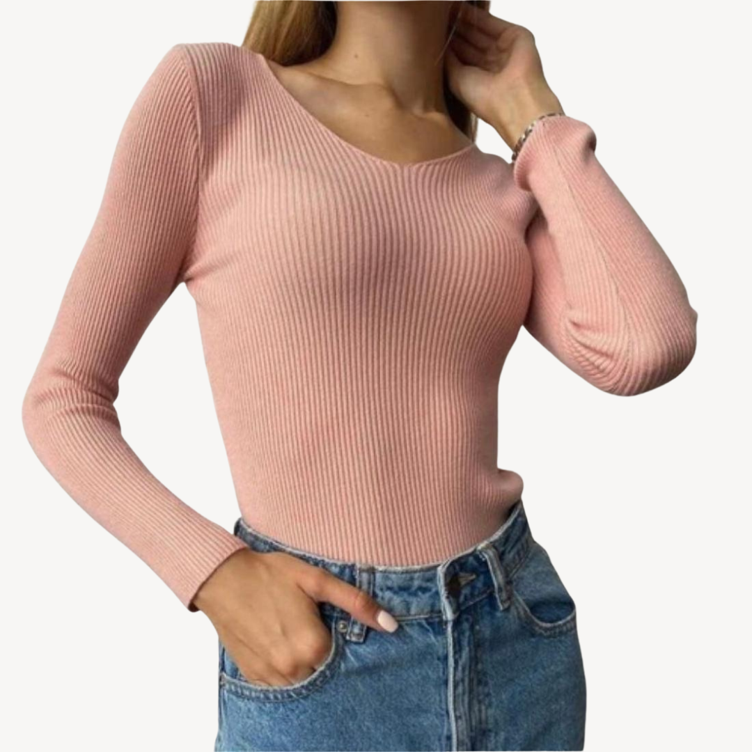 Deep V-Neck Ribbed Knit Sweater Women