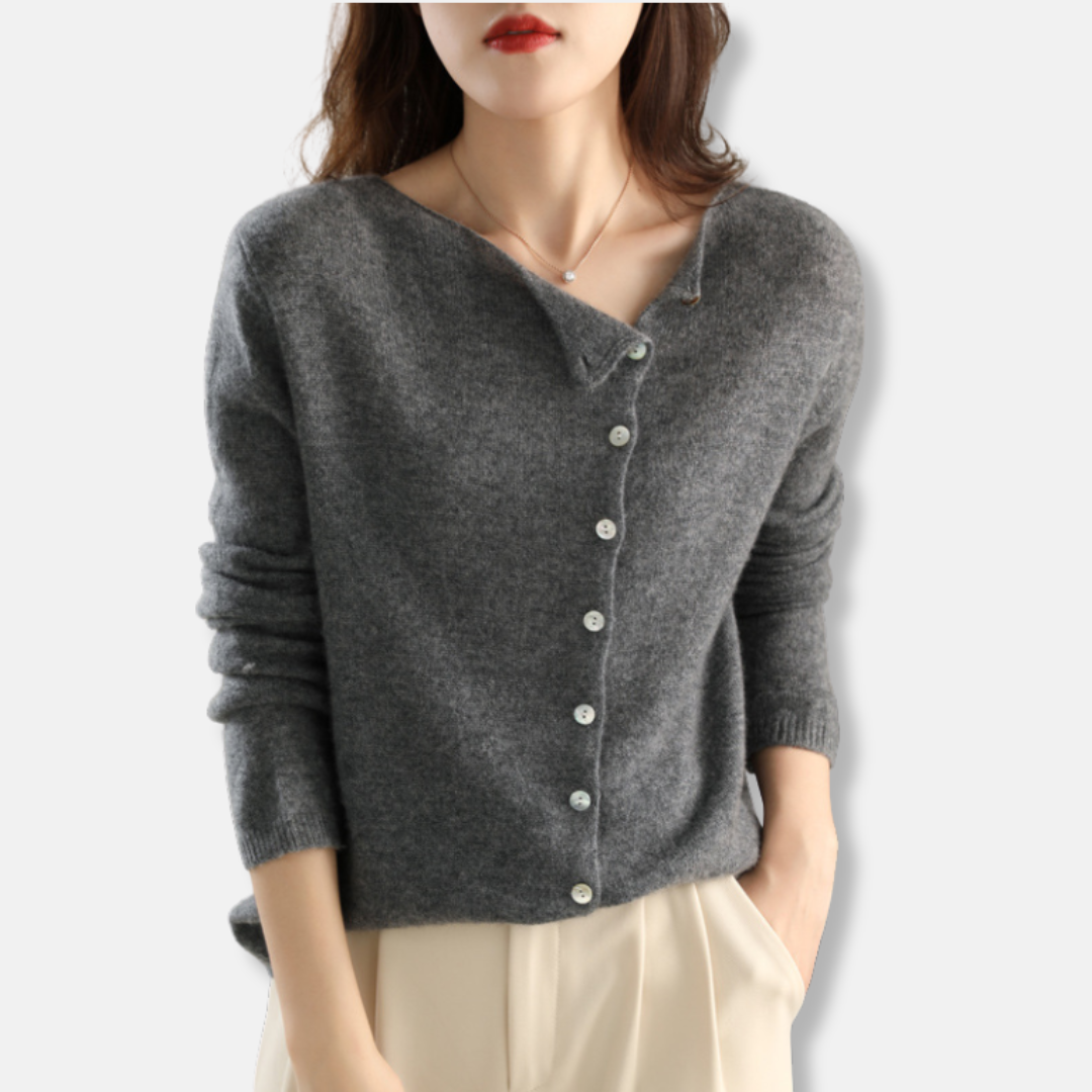 Women’s Knitted Cardigan – Relaxed Fit – Wool Blend – Asymmetrical Buttons – Ribbed Cuffs