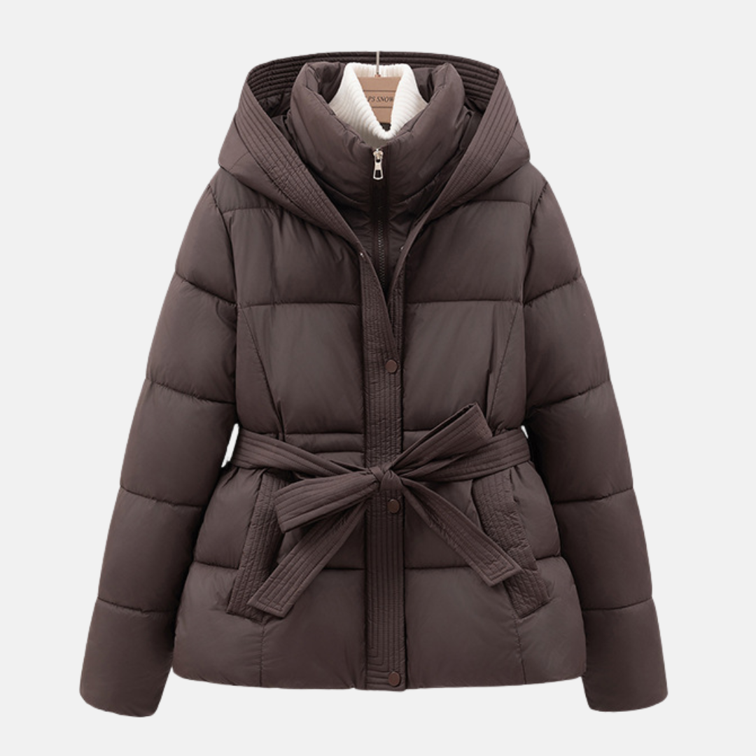 Women’s Padded Coat – Slim Fit – Quilted Insulation – Hooded with Tie Waist