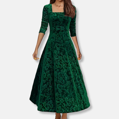 Ivy A-Line Midi Dress | Floral Square Neck Three-Quarter Sleeve Dress