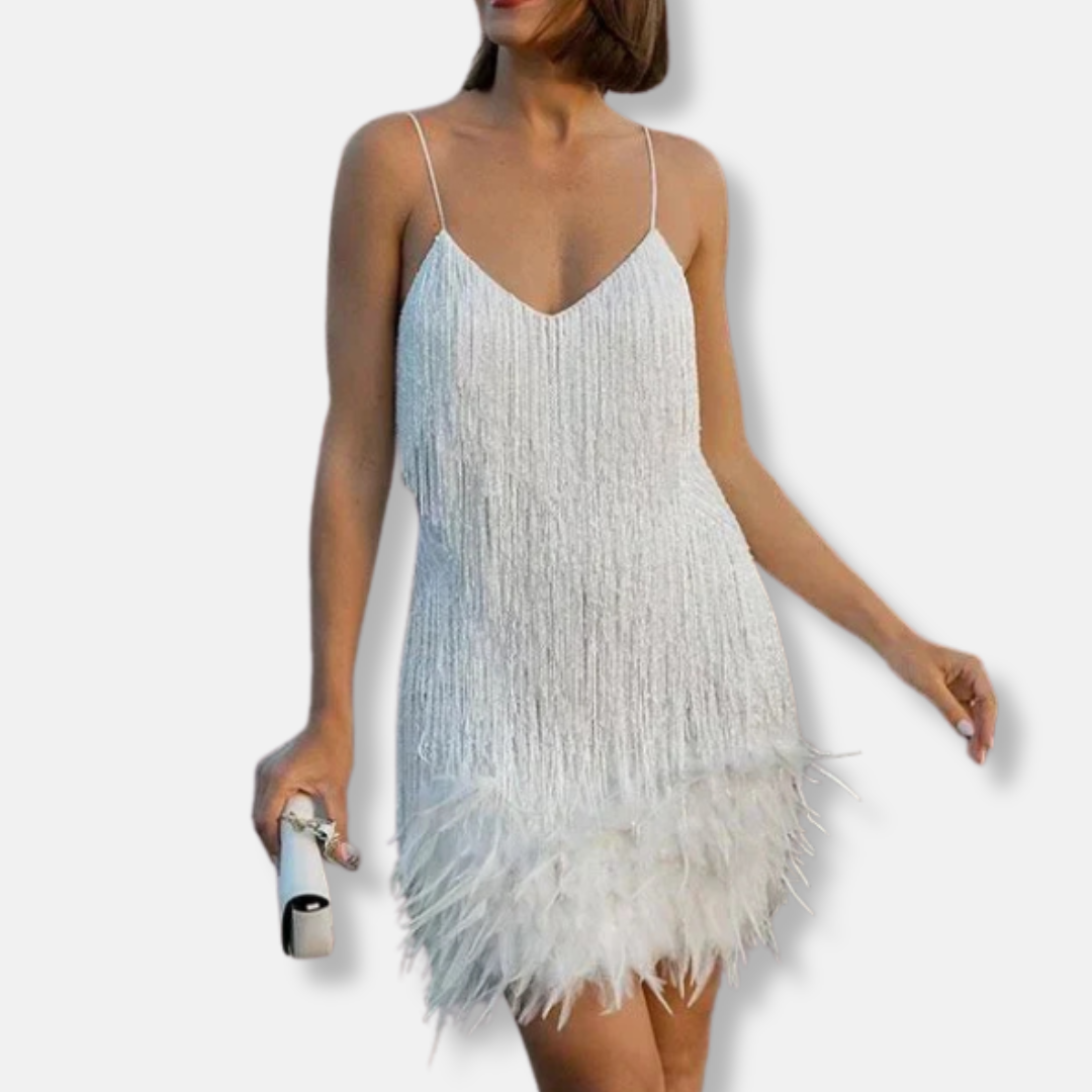 Francesca Sequin Embellished Cocktail Dress | Feather Trim Mini Dress