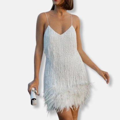 Francesca Sequin Embellished Cocktail Dress | Feather Trim Mini Dress