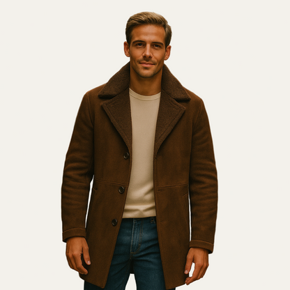 Men’s Long Line Suede Coat with Shearling Lining