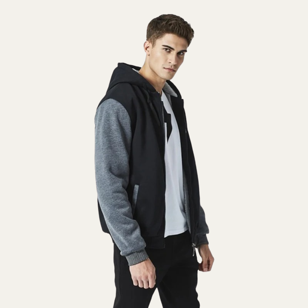 Men’s Color Block Hooded Fleece Jacket with Shearling Lining