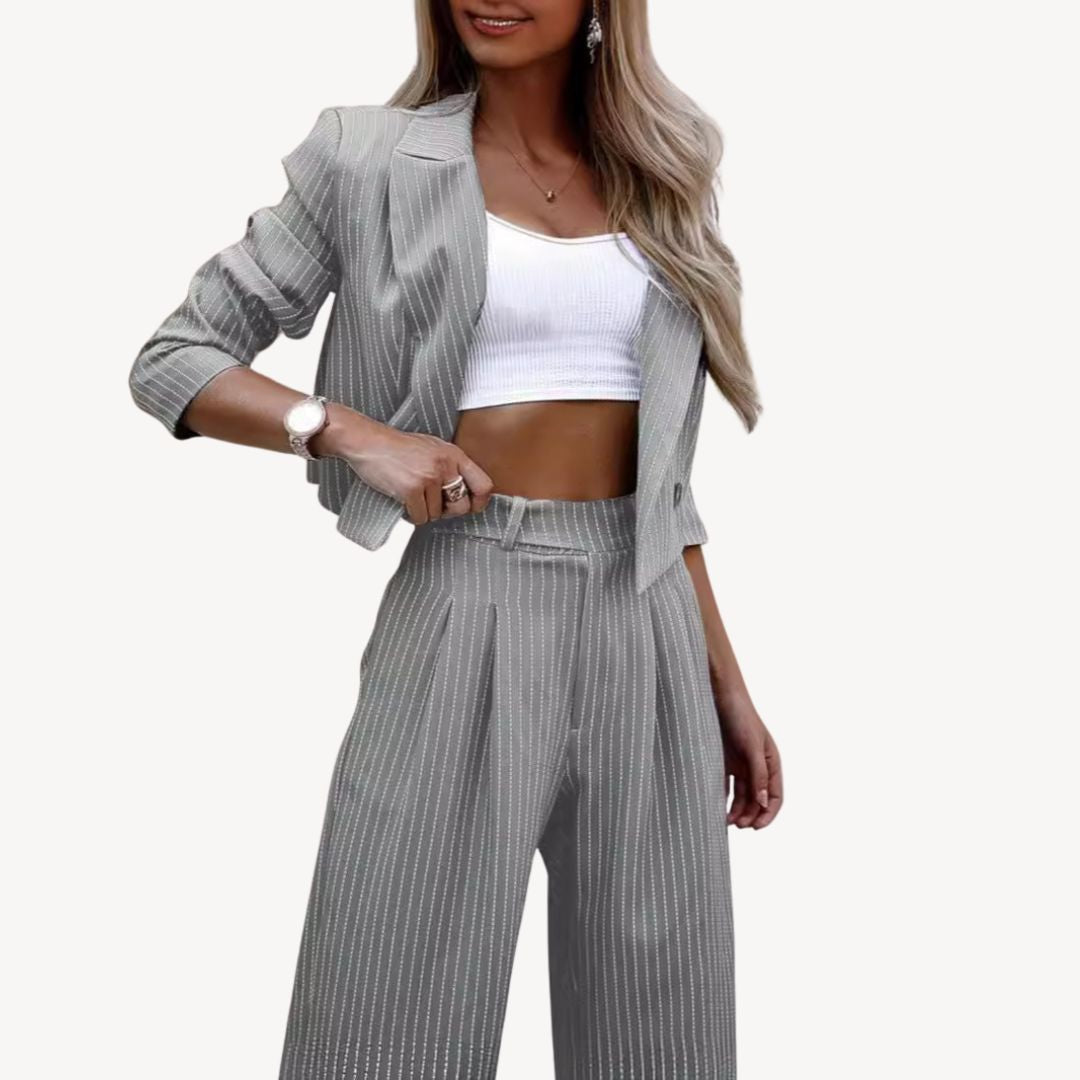 Textured Striped Cropped Blazer Pants Suit Women