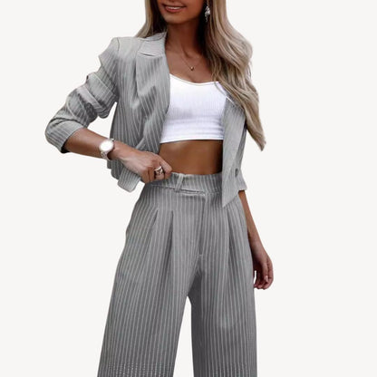 Textured Striped Cropped Blazer Pants Suit Women