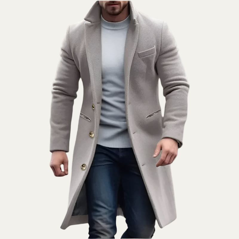 Men’s Long Wool Like Trench Coat with Notch Lapel