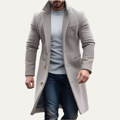 Men’s Long Wool Like Trench Coat with Notch Lapel