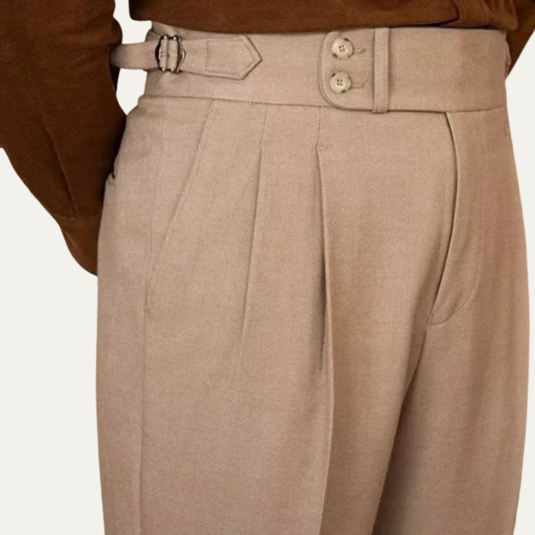 Men’s High-Waisted Trousers with Pleats and Cuffed Hem