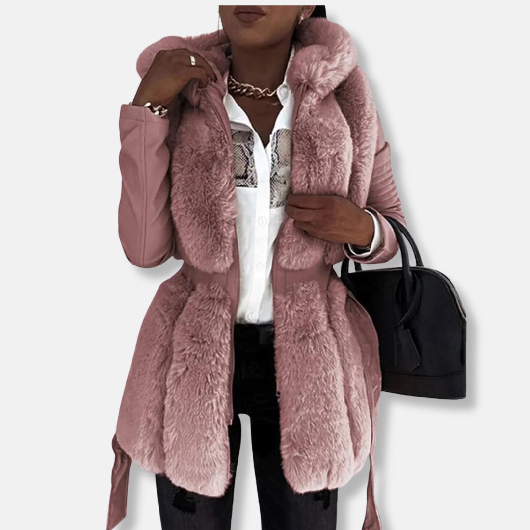 Women’s Mid-Length Coat – Tailored Fit – Imitation Fur Front – Belted Waist – Long Sleeve