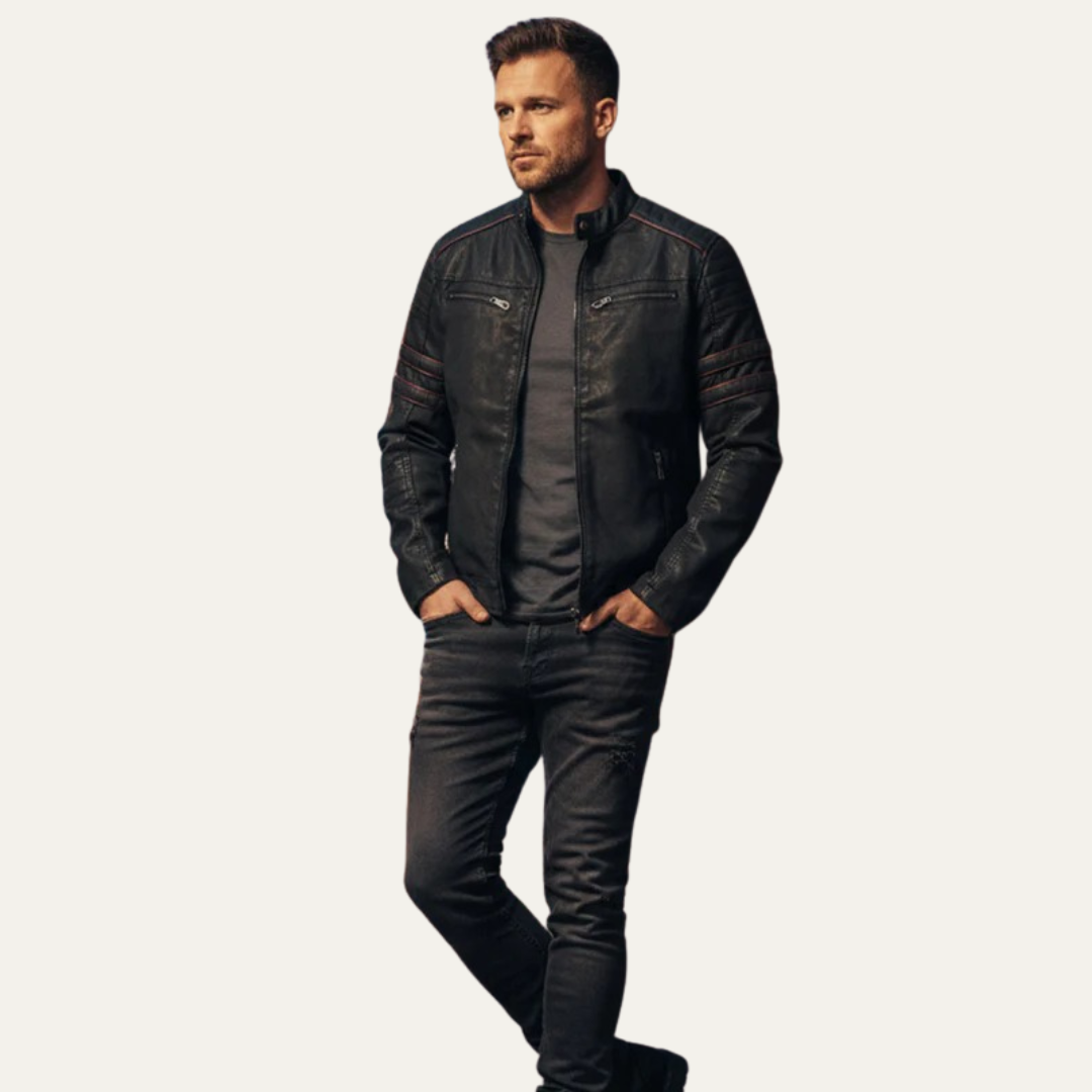 Men’s Faux Leather Racer Jacket with Quilted Trim