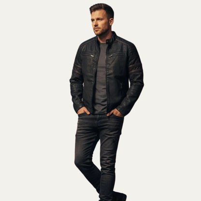 Men’s Faux Leather Racer Jacket with Quilted Trim