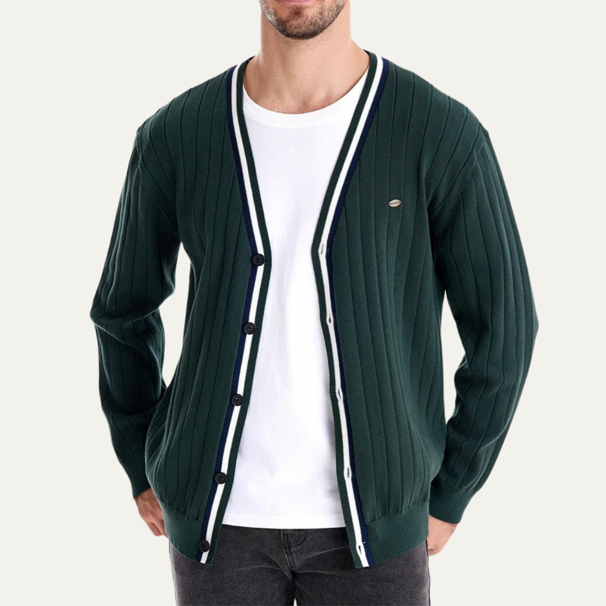 Men’s V Neck Rib Knit Cardigan with Striped Trim