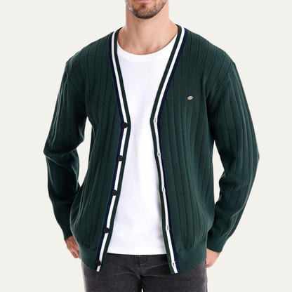 Men’s V Neck Rib Knit Cardigan with Striped Trim