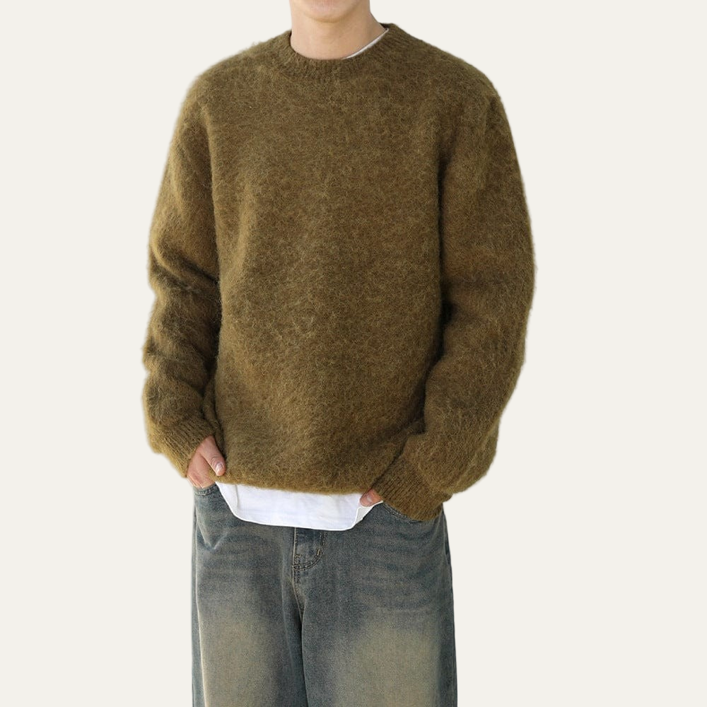 Men’s Fuzzy Crew Neck Sweater with Relaxed Fit