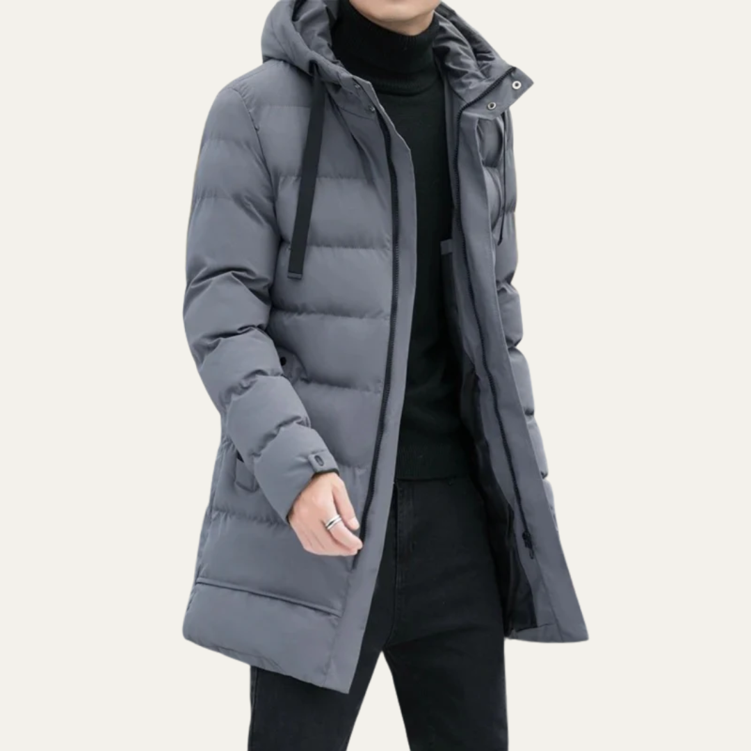 Men’s Long Line Hooded Puffer Coat with Full Zip Closure