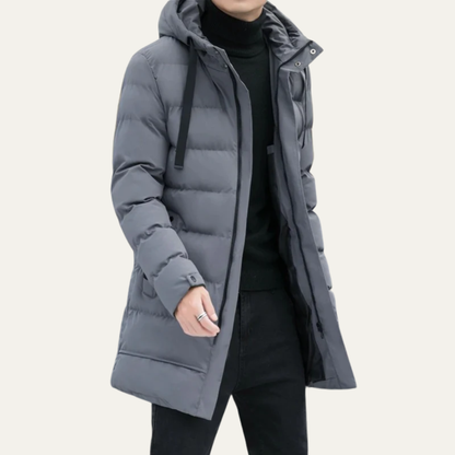 Men’s Long Line Hooded Puffer Coat with Full Zip Closure