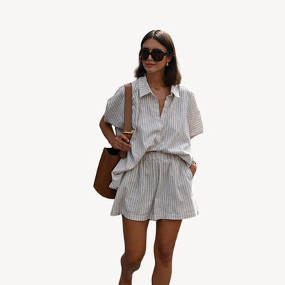 Textured Striped Linen Blend Short Set Women