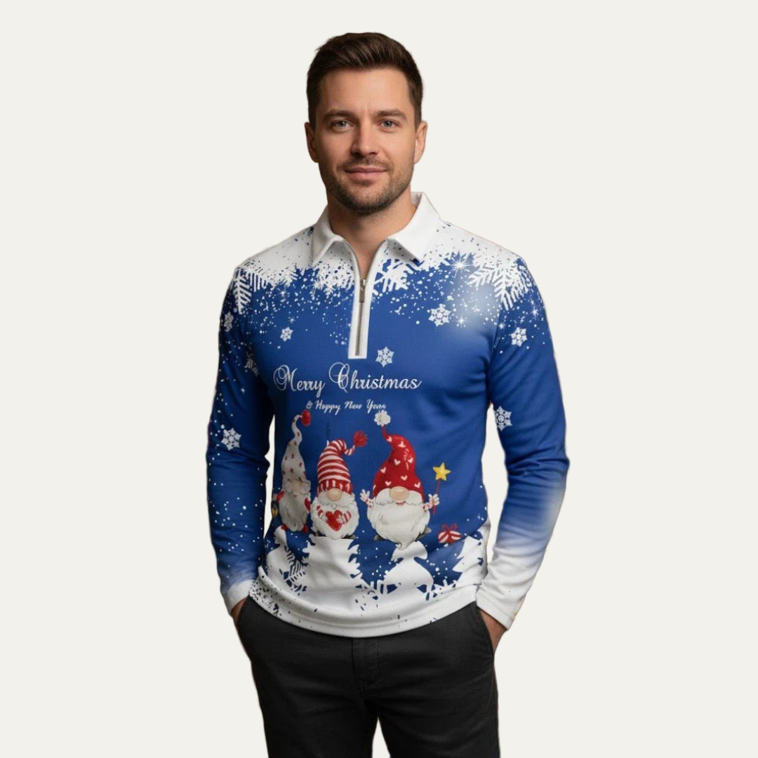 Men’s Festive Gnome Quarter-Zip Christmas Polo