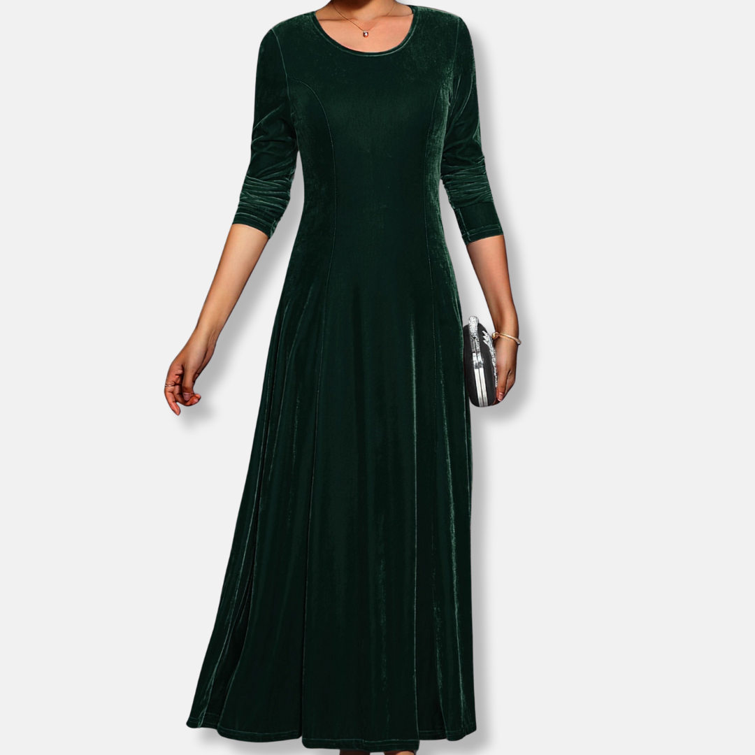 Olivia A-Line Maxi Dress | Solid Crewneck Long Sleeve Dress