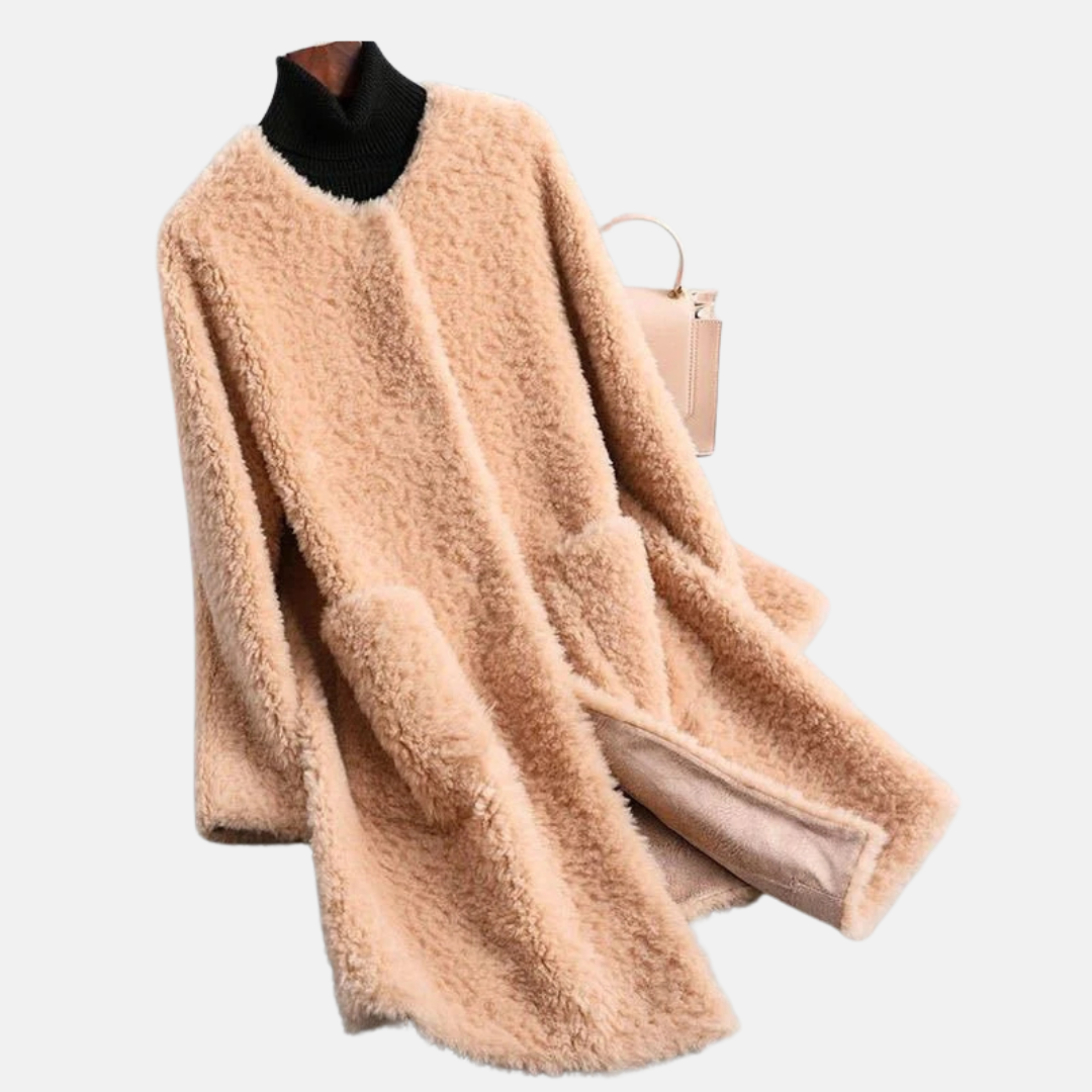 Women’s Mid-Length Coat – Relaxed Fit – Shaggy Faux Fur – Open Front – Patch Pockets