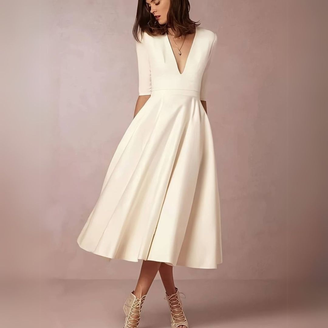 Midi V-Neck Dress Women White