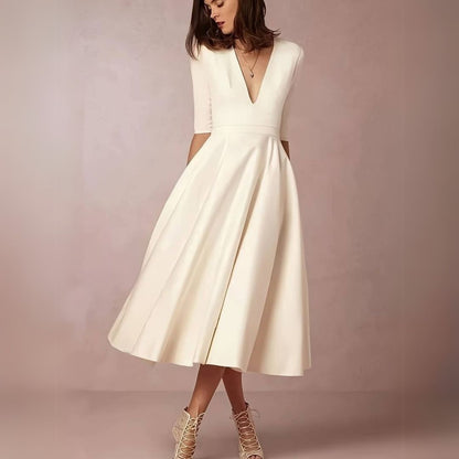 Midi V-Neck Dress Women White
