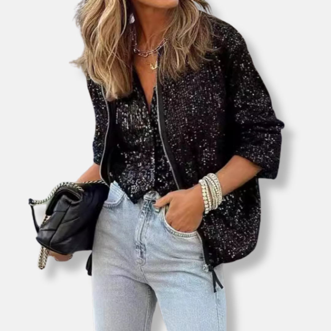 Ivy Cotton Blend Sequin Jacket | Collarless Relaxed Fit Jacket