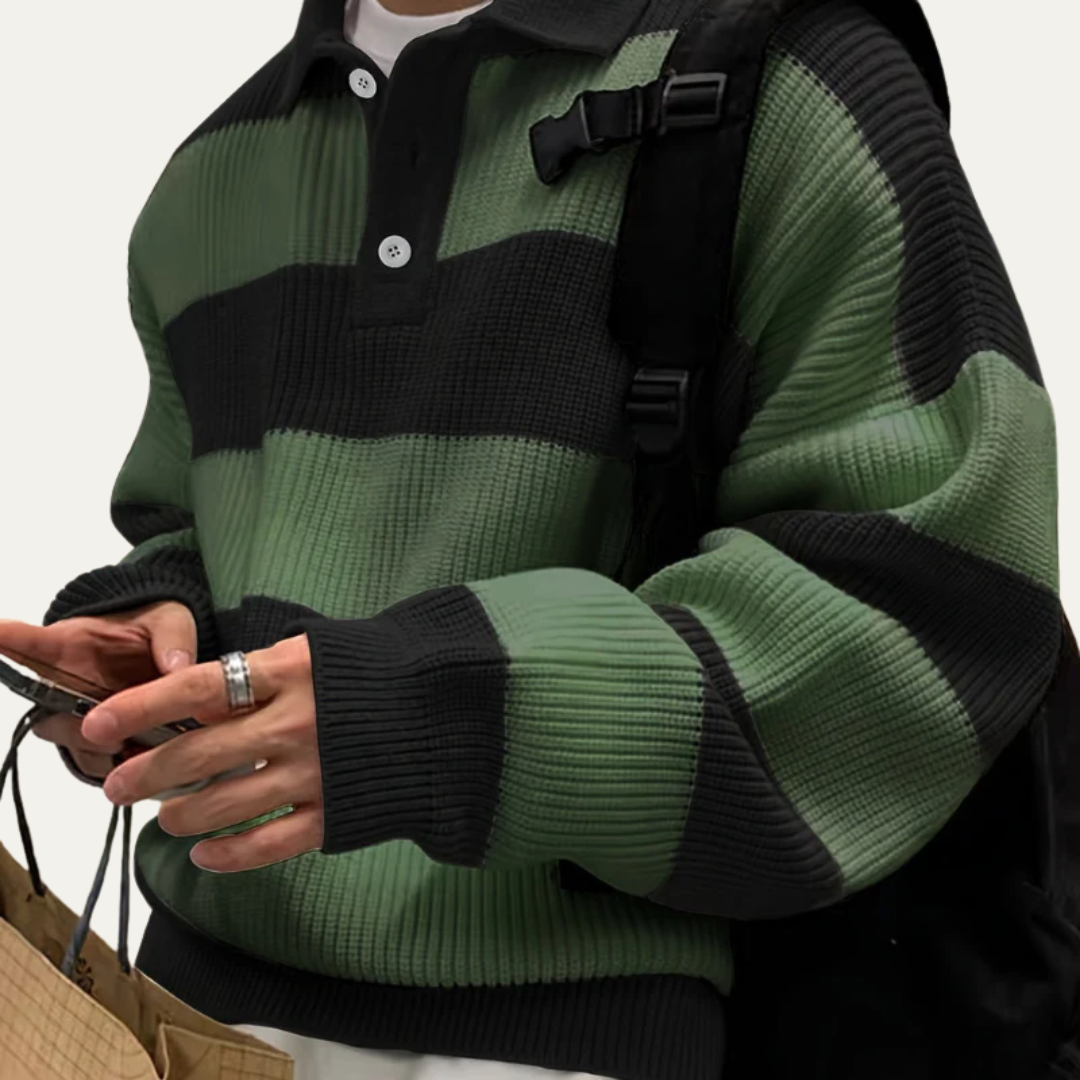 Men’s Striped Textured Knit Polo Sweater