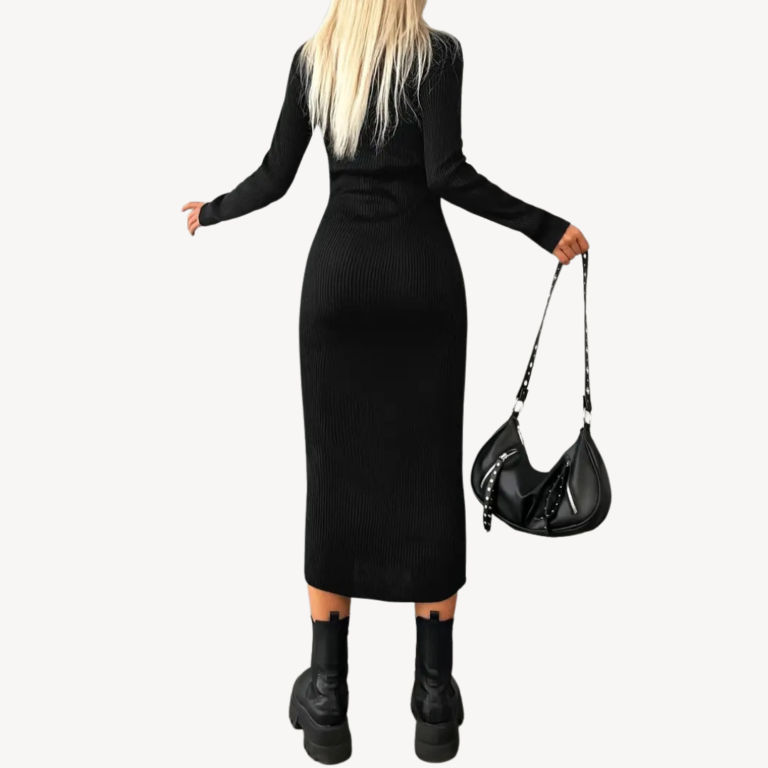 Black Ribbed Knit Turtleneck Dress for Women