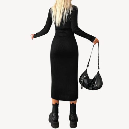 Black Ribbed Knit Turtleneck Dress for Women