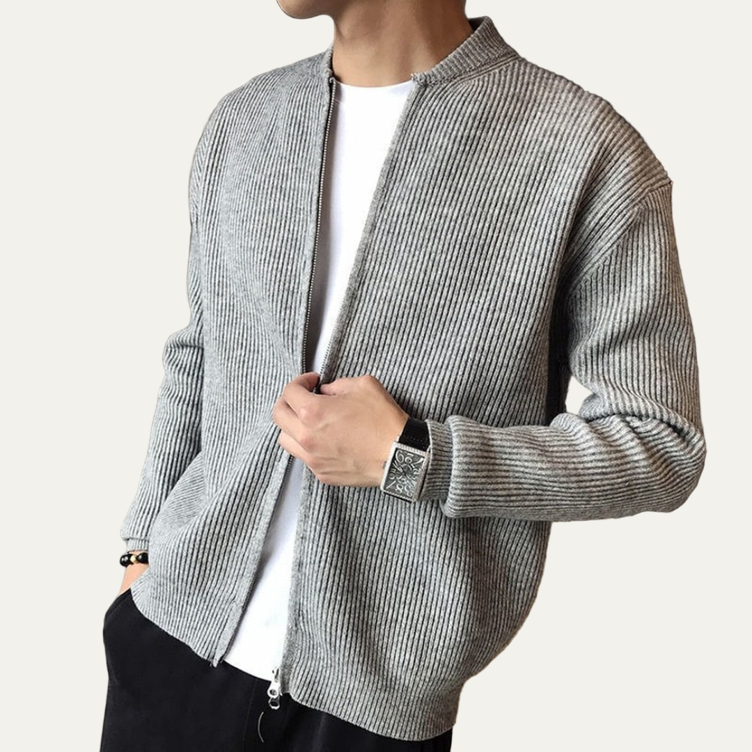 Men’s Full Zip Knit Cardigan with Short Stand Collar