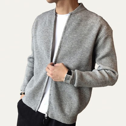 Men’s Full Zip Knit Cardigan with Short Stand Collar