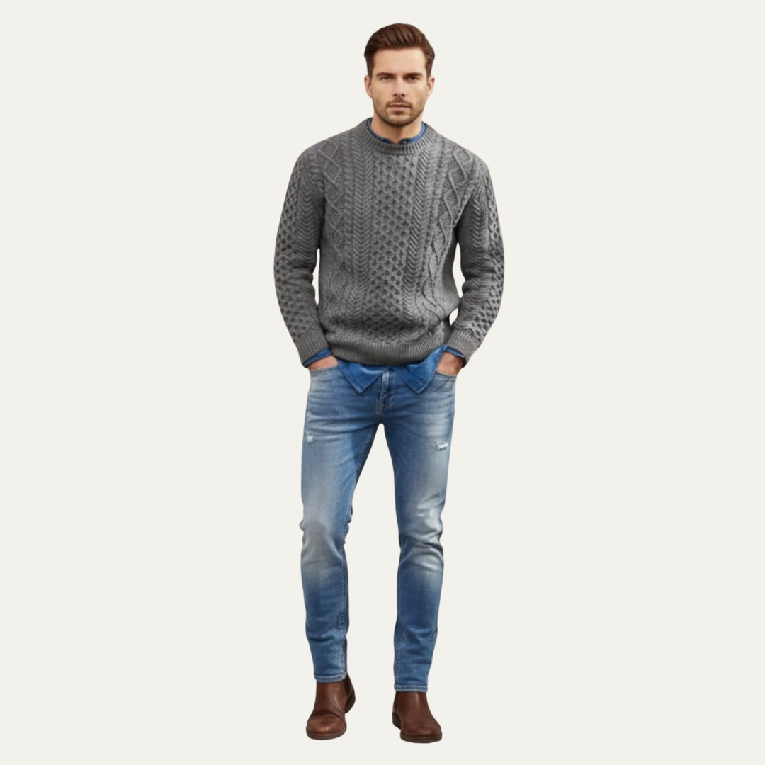 Men’s Heavy Gauge Cable and Basketweave Knit Sweater