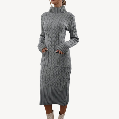 Grey Cable Knit Turtleneck Dress