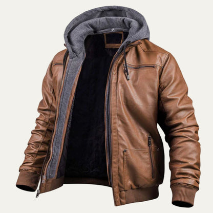 Men’s Hybrid Faux Leather Bomber Jacket with Knit Hood Insert
