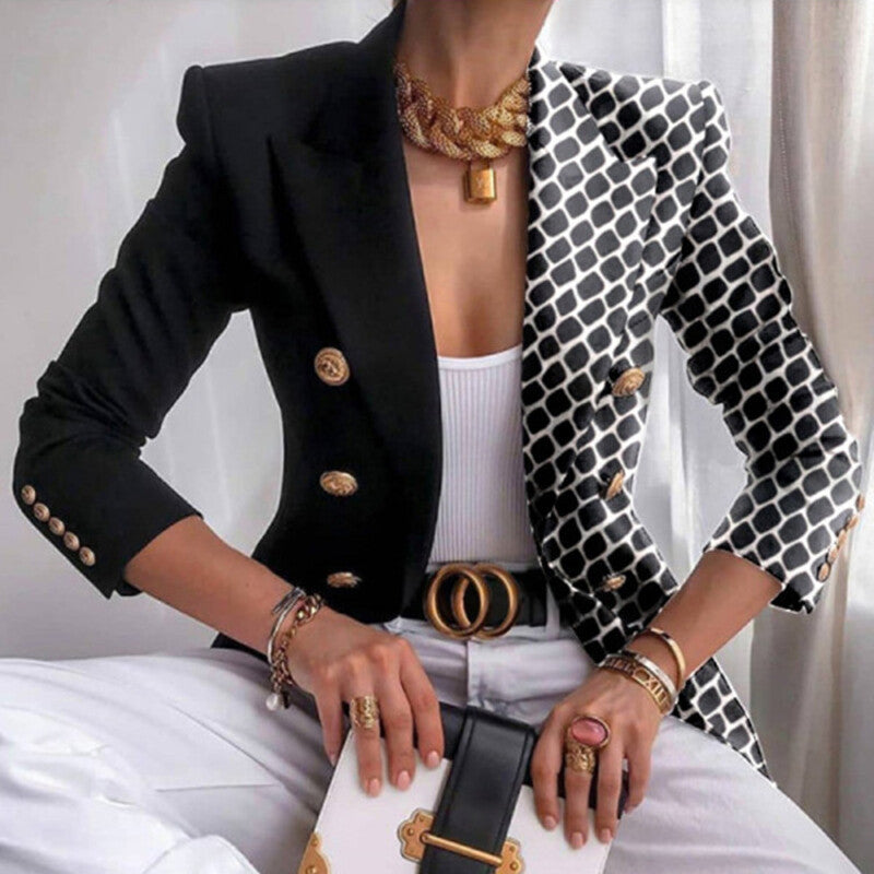 Chic Women's Off-Center Jacket with Metallic Chain Pattern