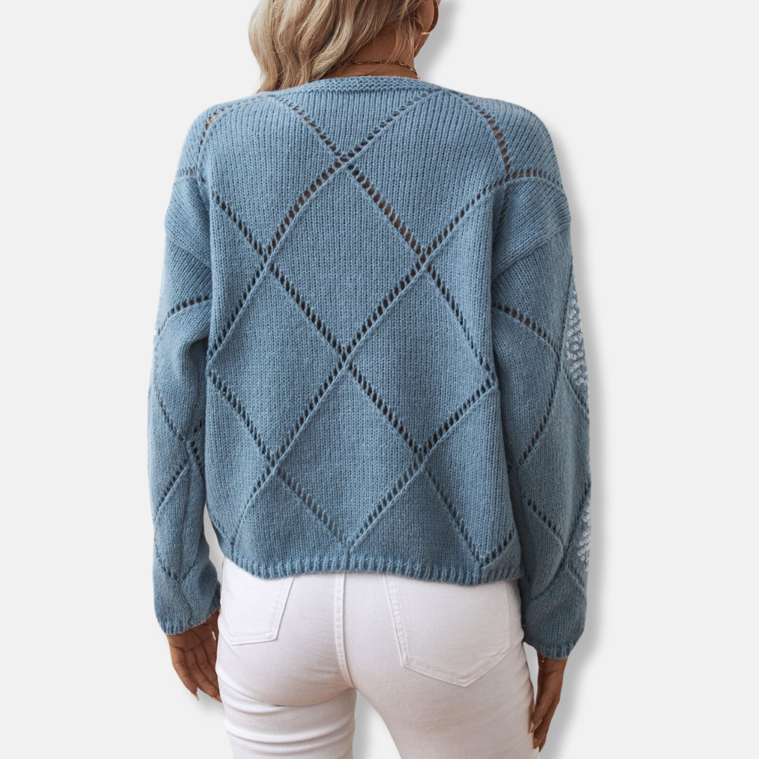 Women’s Knitted Sweatshirt – Relaxed Fit – Diamond Openwork – Sequin Embellished Sleeves
