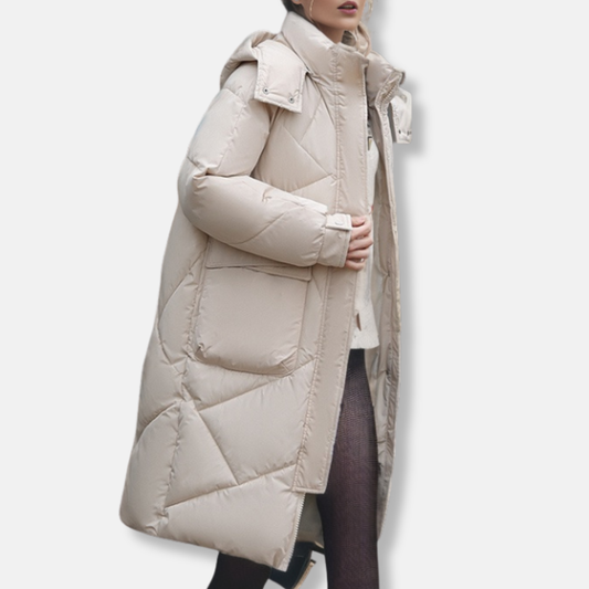 Women’s Quilted Coat – Oversized Fit – Padded Mid-Length – Hooded High Collar