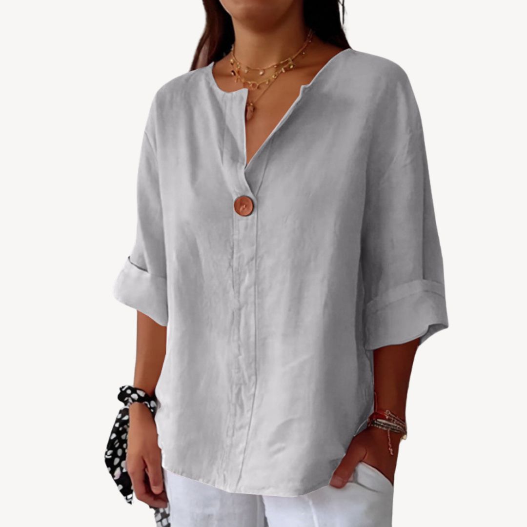 Women's Linen Long Sleeve V-Neck Blouse