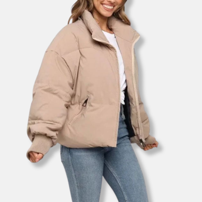 Women’s Puffer Jacket – Oversized Fit – Cropped Length – Stand Collar – Ribbed Cuffs