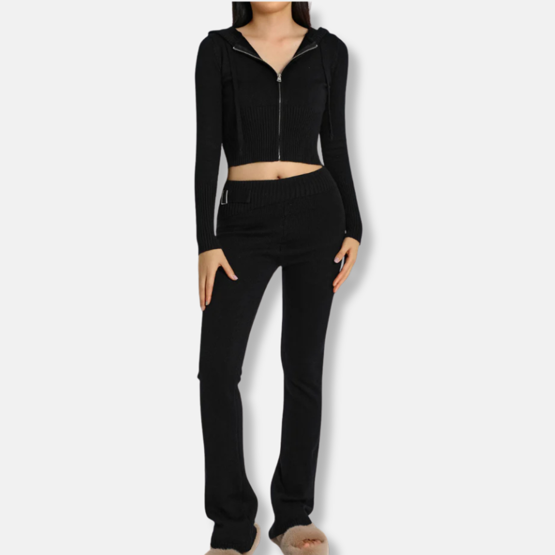 Amelia Fitted Cropped Hooded Jacket And Bootcut Pants Two-Piece Set | Ribbed Casual Loungewear