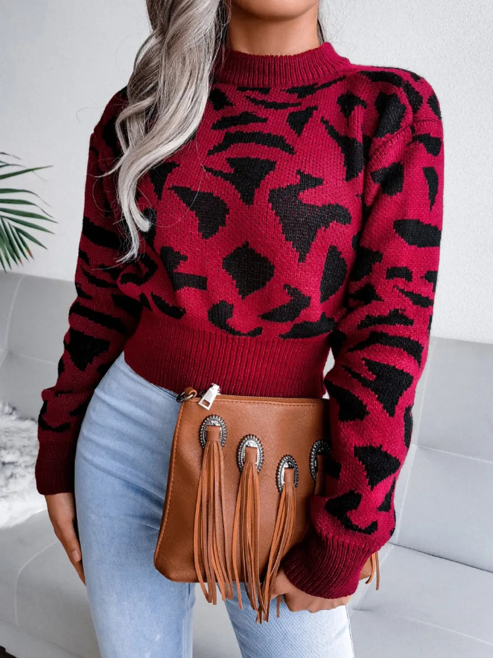 Animal Print Relaxed Fit Crew Neck Sweater - BritishElegance