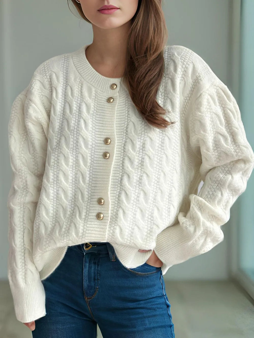 Cozy Crew Neck Button Cardigan Sweater - BritishElegance