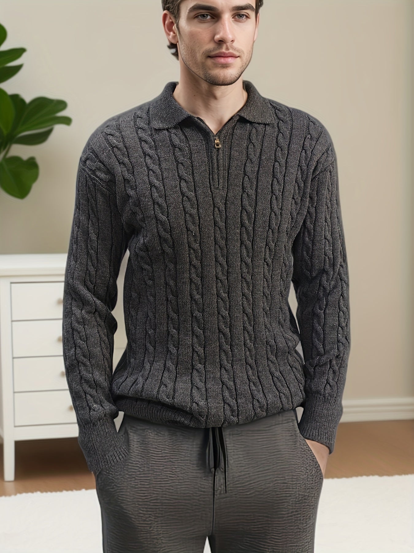 Stylish Quarter Zip Green Navy Pullover Sweater - BritishElegance