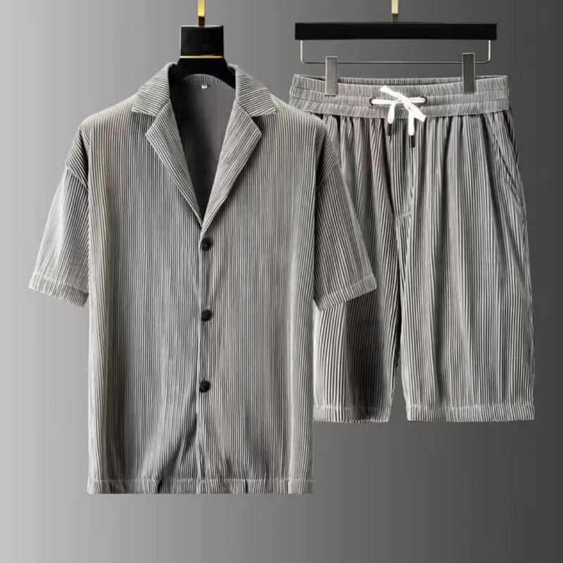 Casual Two Piece Set with Textured Shirt and Shorts