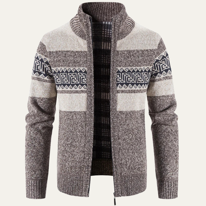 Men’s Zip Up Cardigan with Stand Collar and Chest Pattern