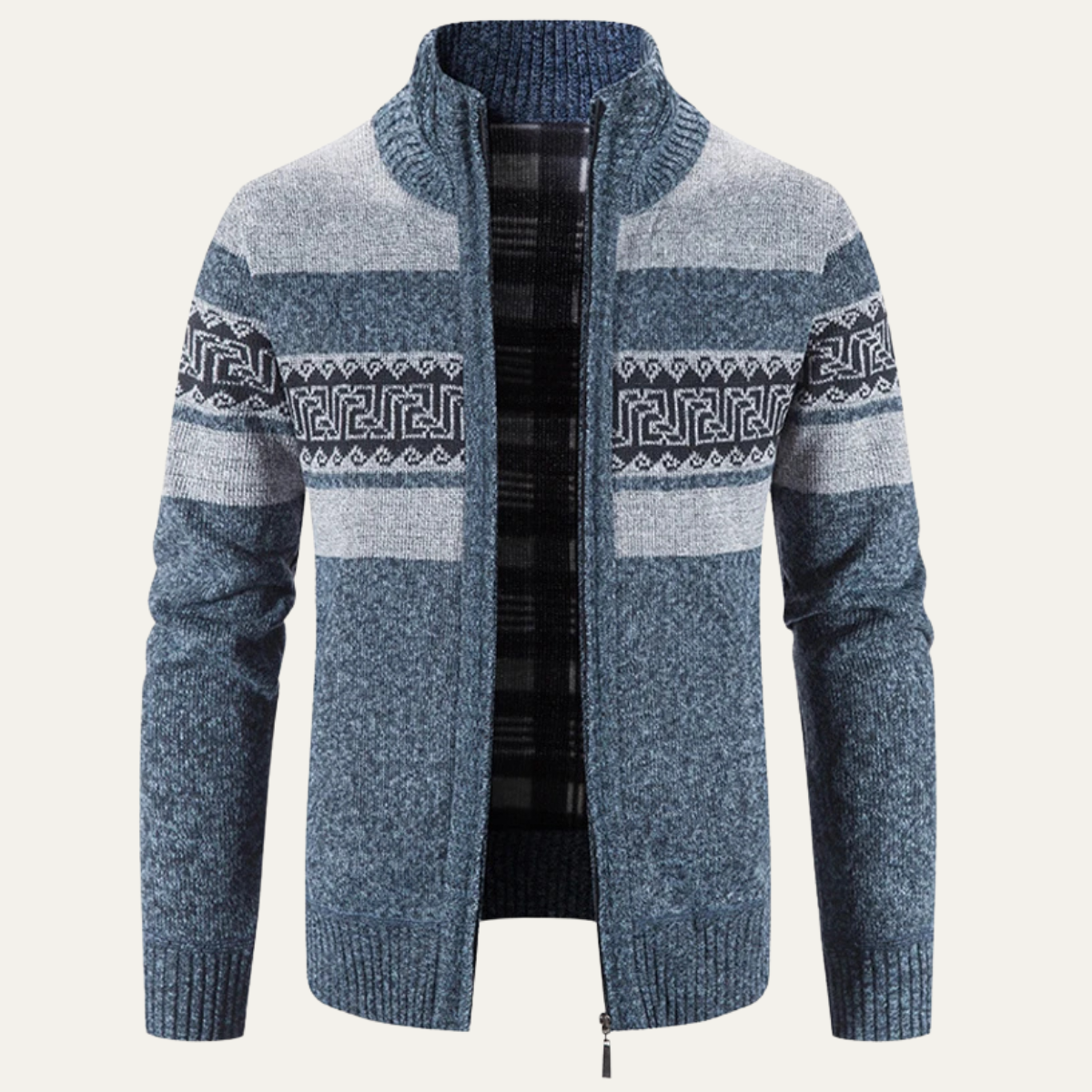 Men’s Zip Up Cardigan with Stand Collar and Chest Pattern